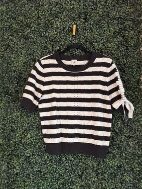 CAbi Black & White Striped Short-Sleeve Sweater with Side Tie